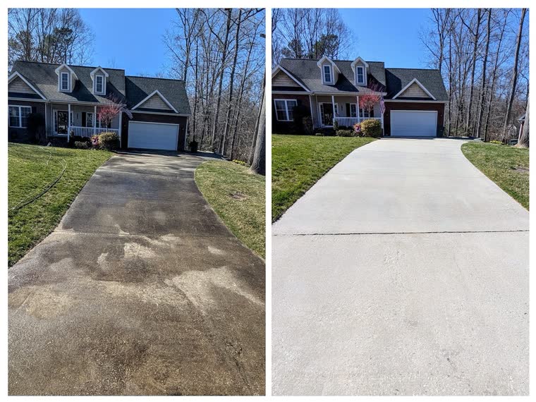A driveway after pressure washing